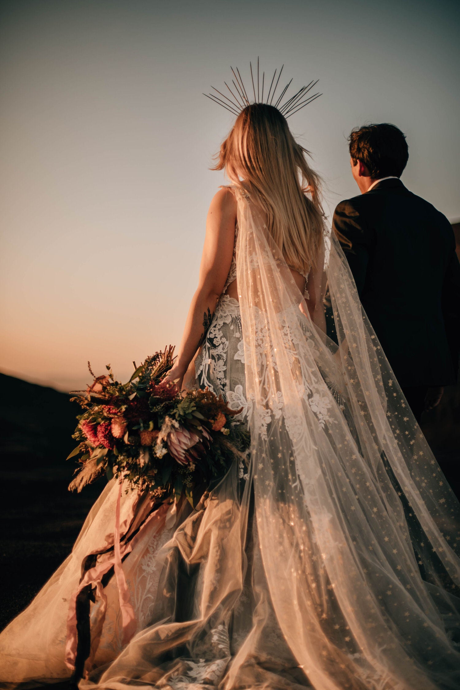 Celestial Sparkly Gold Star Draped Wedding Cape, Sheer Long Wrap – One Blushing Bride Custom Wedding Veils